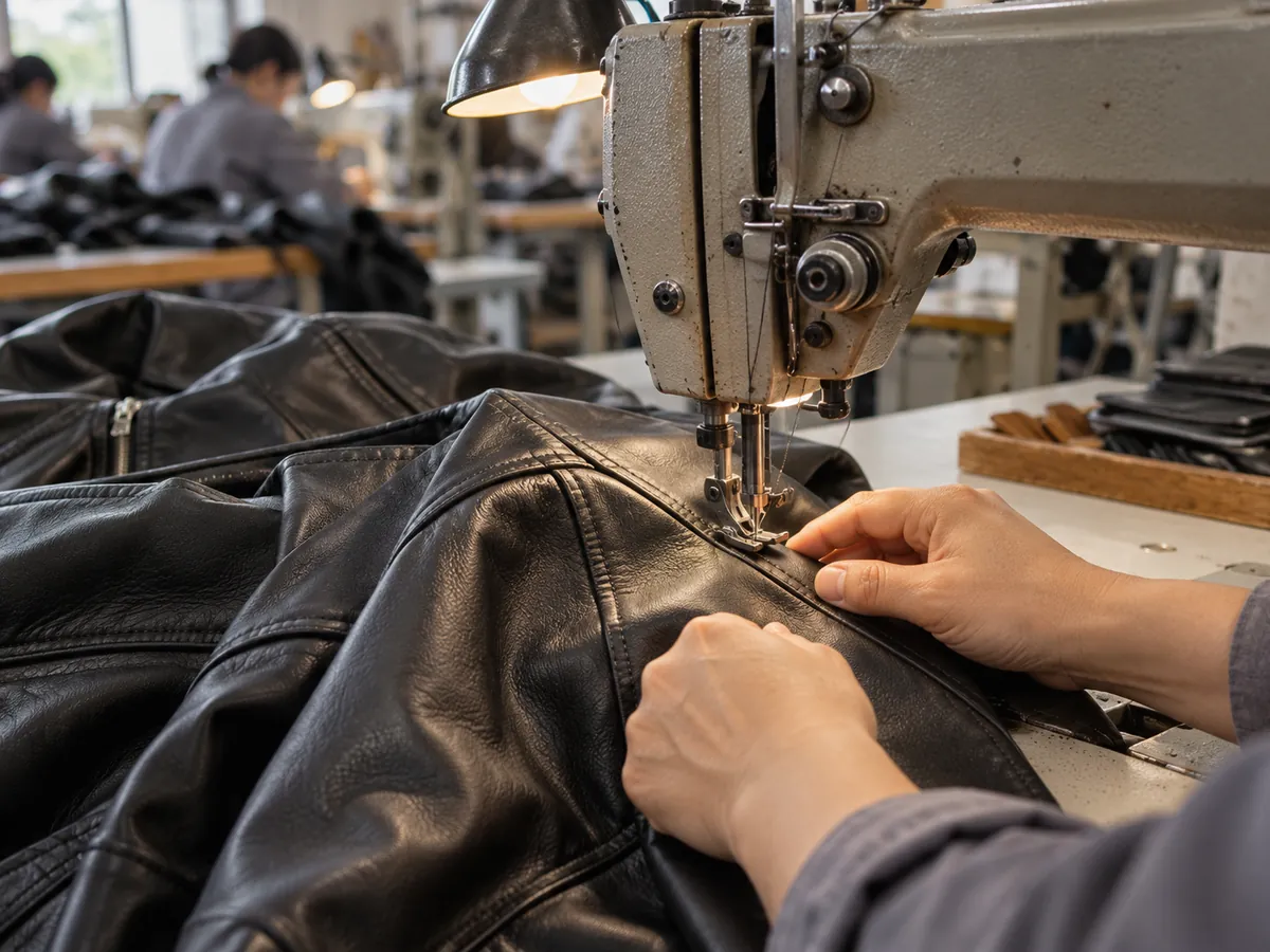 Illustration of topstitching a leather jacket seam