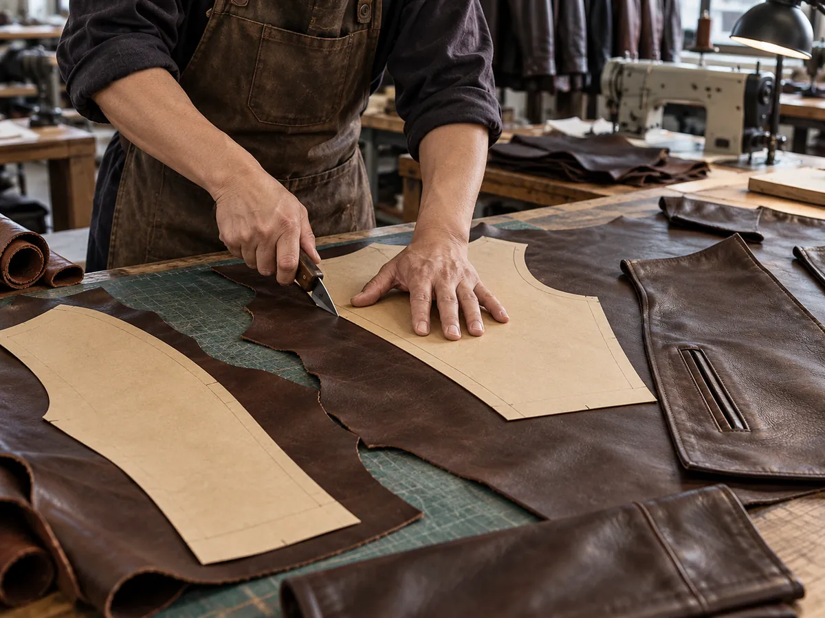 Illustration of cutting jacket pattern pieces on a workbench