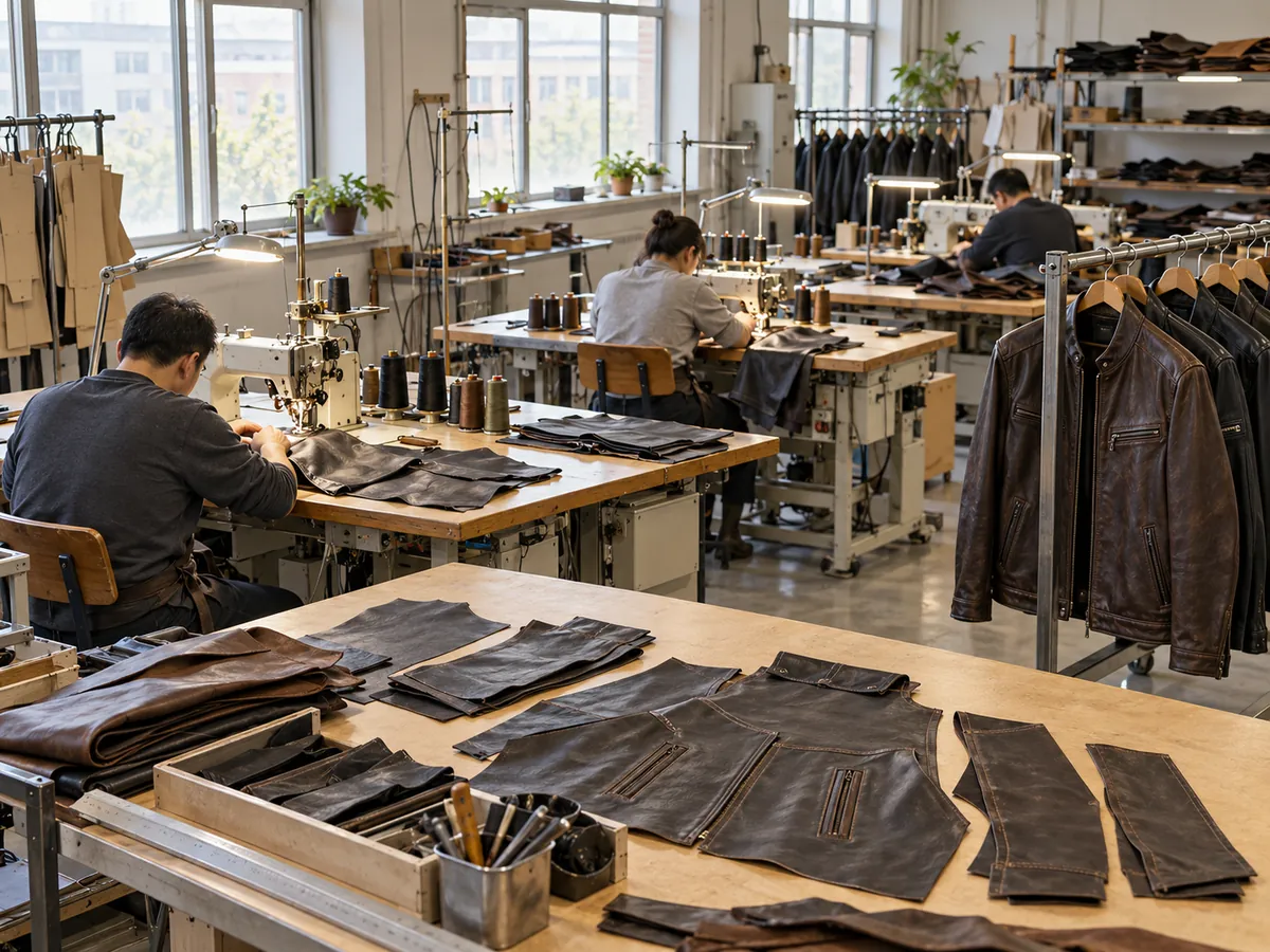 Illustration of jacket panels and sewing work in a manufacturing workshop
