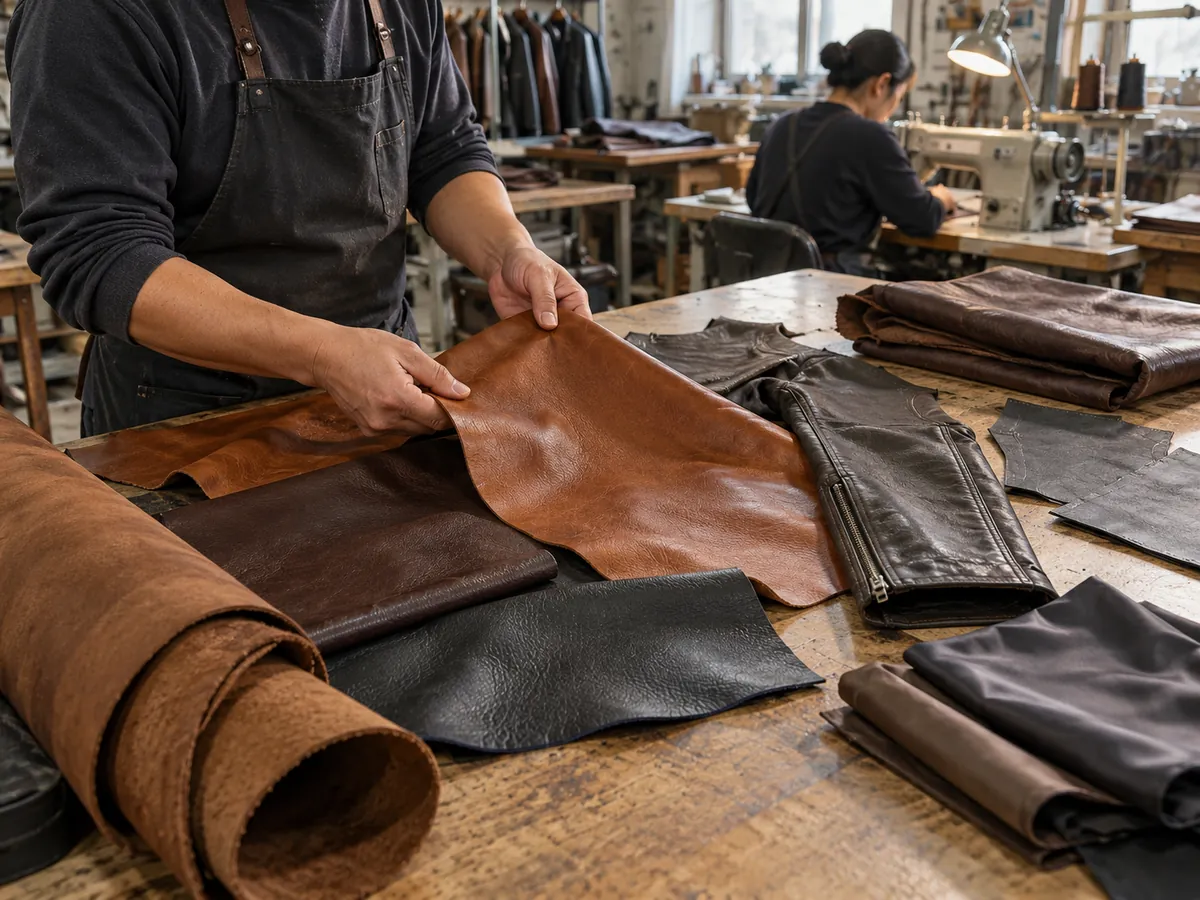 Illustration of reviewing jacket material pieces on a workbench